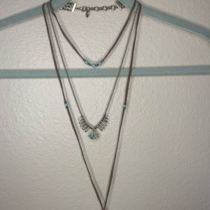 Lucky Brand Leather Layered Necklace with Tassel and Turquoise Decals